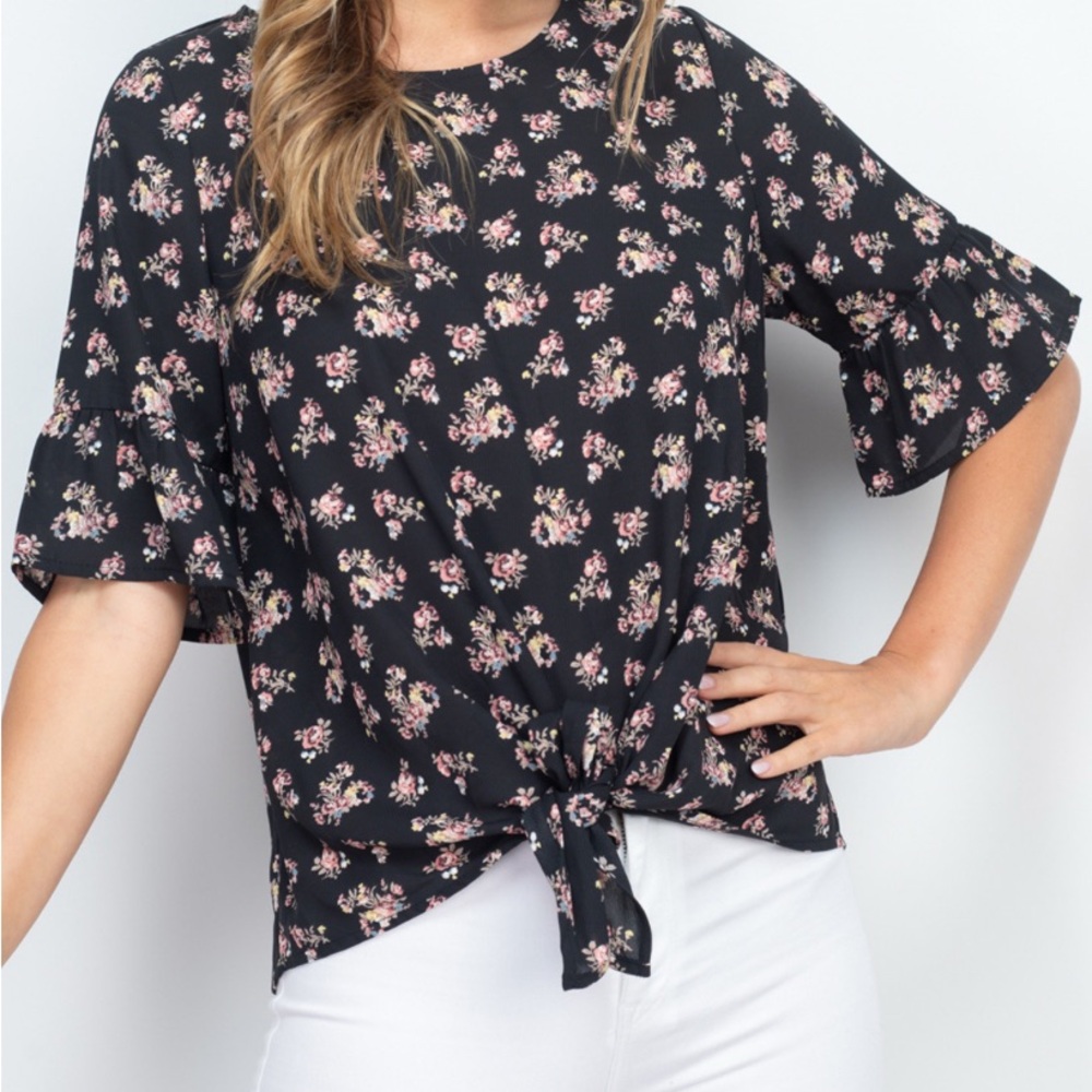 Floral Black Blouse with Tie Front